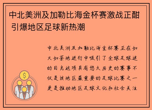 中北美洲及加勒比海金杯赛激战正酣 引爆地区足球新热潮